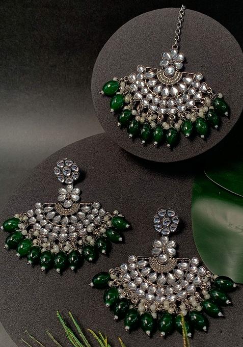 Ethnic Stylish Silver Oxidised Kundan Pearl Chandbali Earrings With Maang Tikka Set