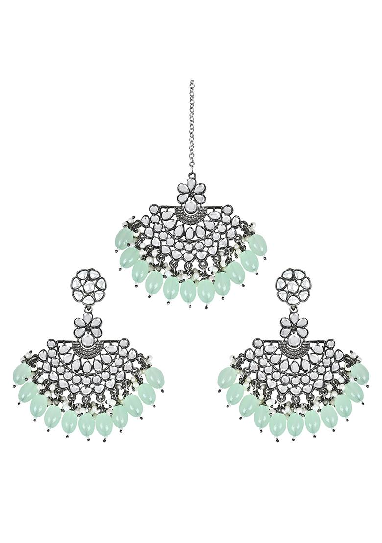 Ethnic Stylish Silver Oxidised Kundan Pearl Chandbali Earrings With Maang Tikka Set