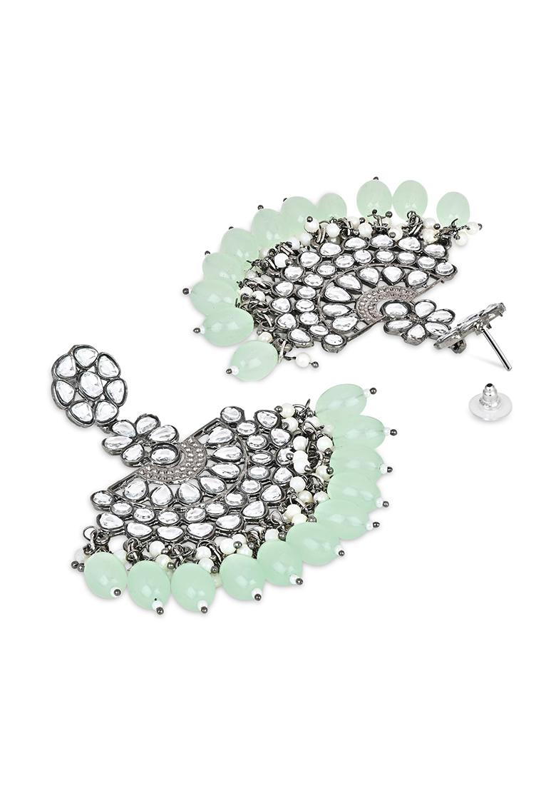 Ethnic Stylish Silver Oxidised Kundan Pearl Chandbali Earrings With Maang Tikka Set