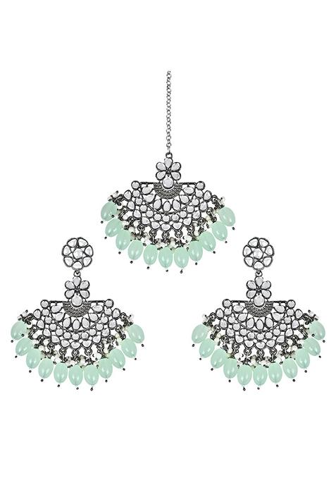 Ethnic Stylish Silver Oxidised Kundan Pearl Chandbali Earrings With Maang Tikka Set