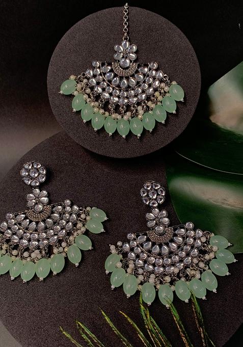 Ethnic Stylish Silver Oxidised Kundan Pearl Chandbali Earrings With Maang Tikka Set