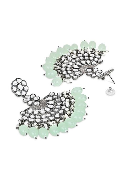 Ethnic Stylish Silver Oxidised Kundan Pearl Chandbali Earrings With Maang Tikka Set