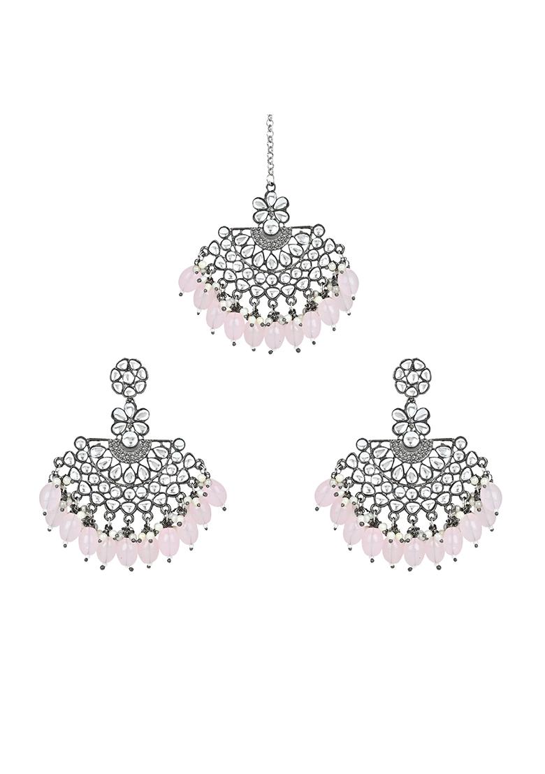 Ethnic Stylish Silver Oxidised Kundan Pearl Chandbali Earrings With Maang Tikka Set