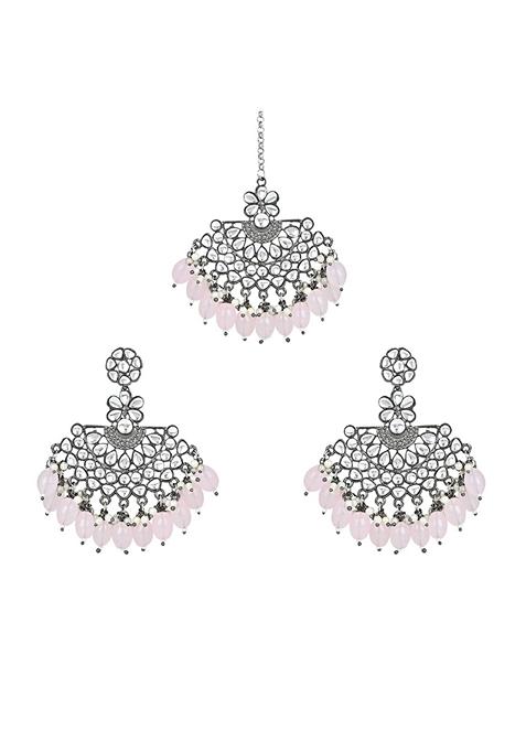 Ethnic Stylish Silver Oxidised Kundan Pearl Chandbali Earrings With Maang Tikka Set