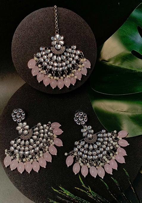Ethnic Stylish Silver Oxidised Kundan Pearl Chandbali Earrings With Maang Tikka Set