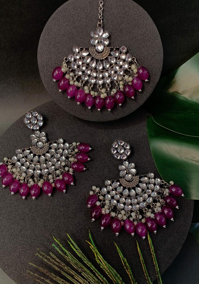 Ethnic Stylish Silver Oxidised Kundan Pearl Chandbali Earrings With Maang Tikka Set
