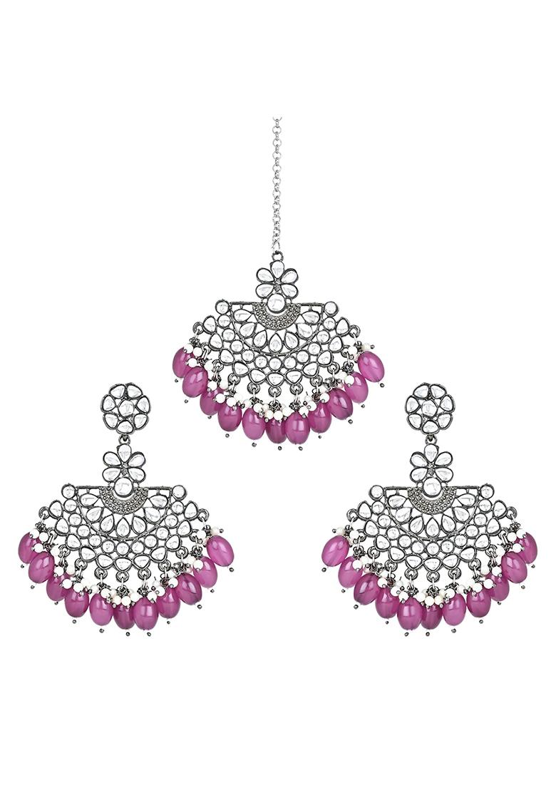 Ethnic Stylish Silver Oxidised Kundan Pearl Chandbali Earrings With Maang Tikka Set