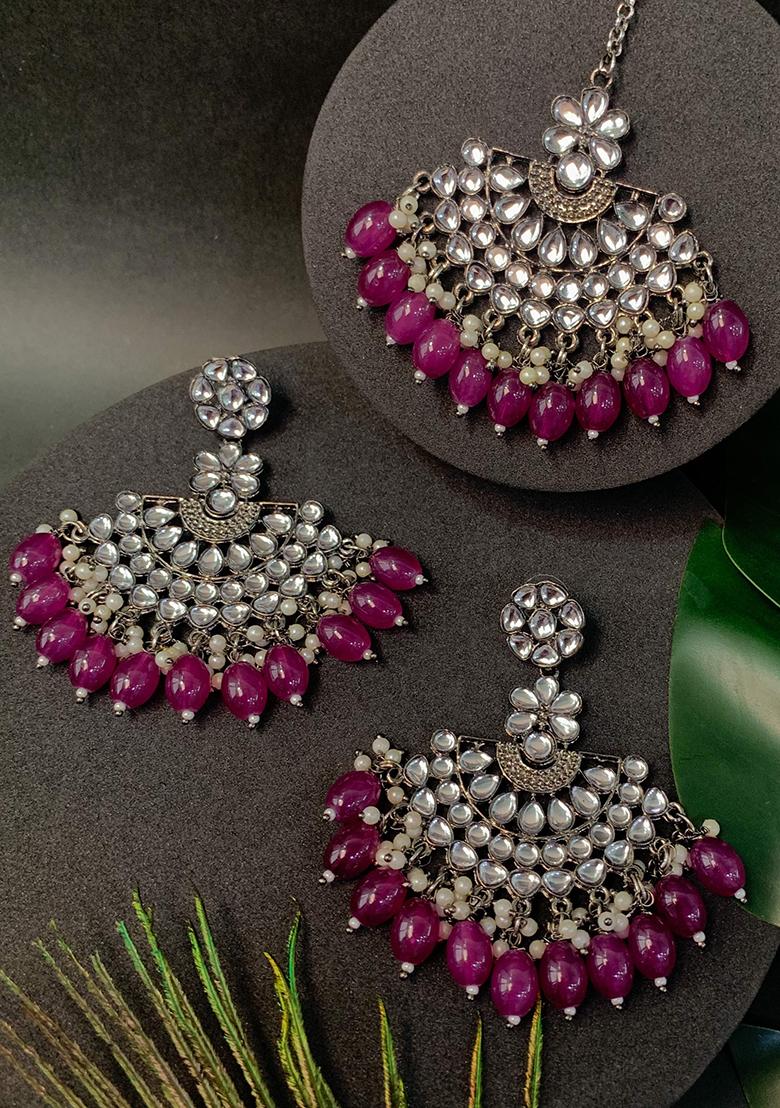 Ethnic Stylish Silver Oxidised Kundan Pearl Chandbali Earrings With Maang Tikka Set