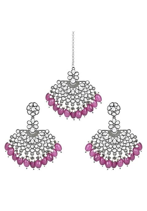 Ethnic Stylish Silver Oxidised Kundan Pearl Chandbali Earrings With Maang Tikka Set