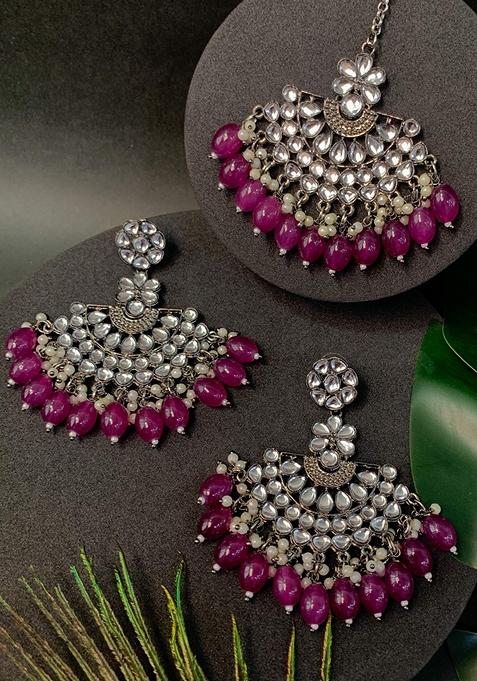 Ethnic Stylish Silver Oxidised Kundan Pearl Chandbali Earrings With Maang Tikka Set