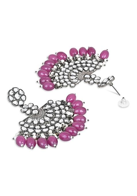 Ethnic Stylish Silver Oxidised Kundan Pearl Chandbali Earrings With Maang Tikka Set