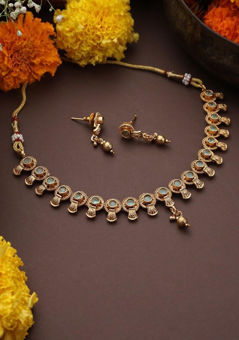Mint Green Gold Toned Temple Necklace Set