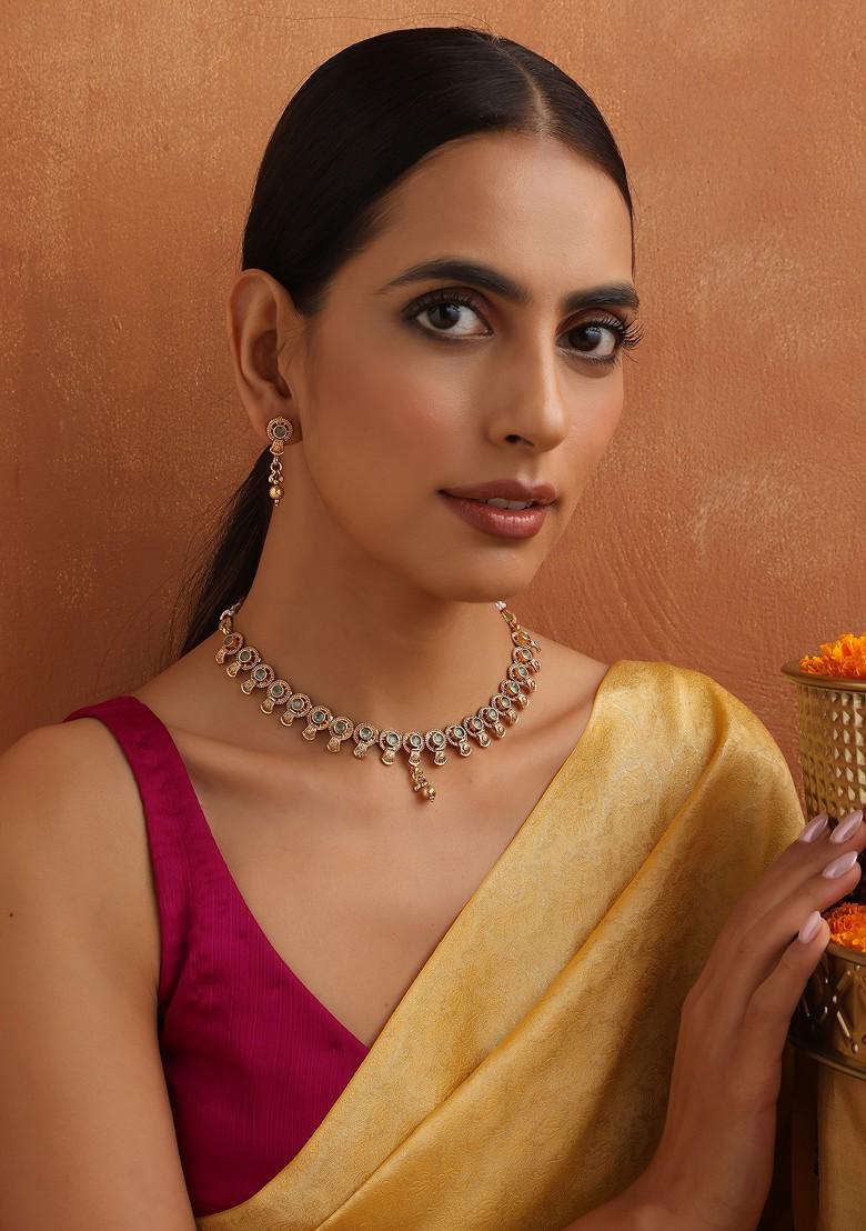 Mint Green Gold Toned Temple Necklace Set