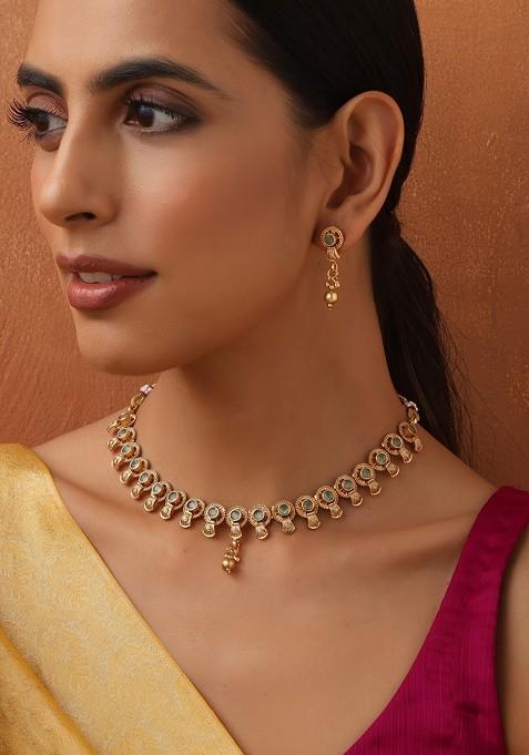 Mint Green Gold Toned Temple Necklace Set
