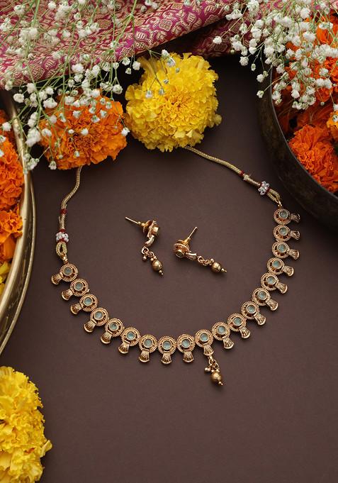 Mint Green Gold Toned Temple Necklace Set