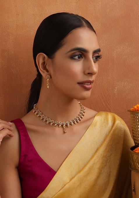 Mint Green Gold Toned Temple Necklace Set