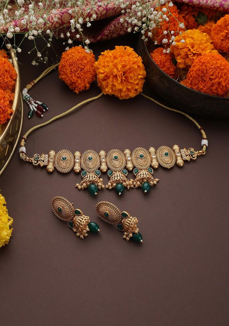 Green Gold Toned Temple Choker Necklace Set