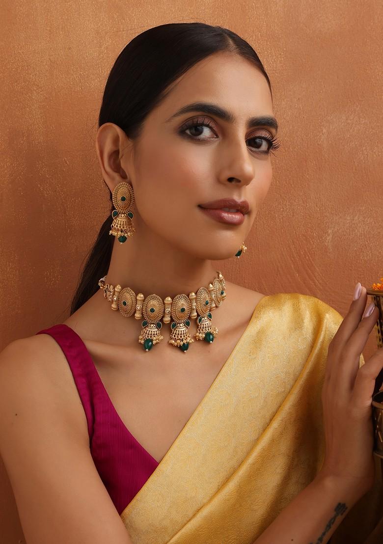 Green Gold Toned Temple Choker Necklace Set