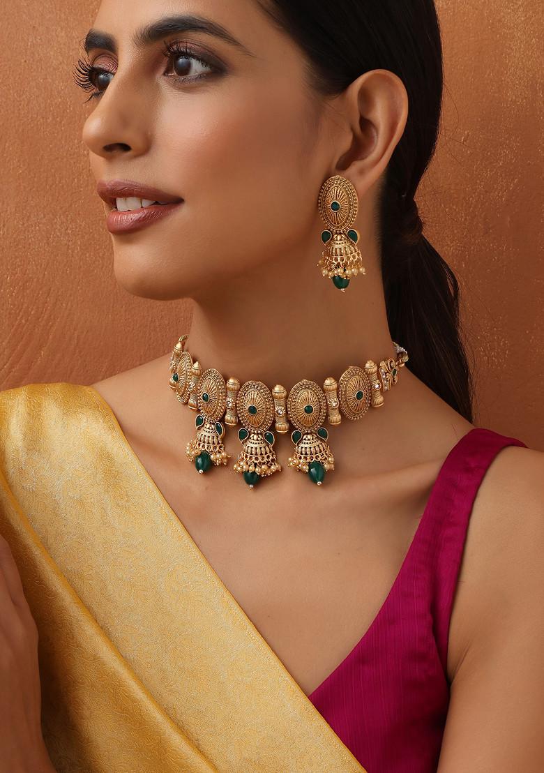 Green Gold Toned Temple Choker Necklace Set
