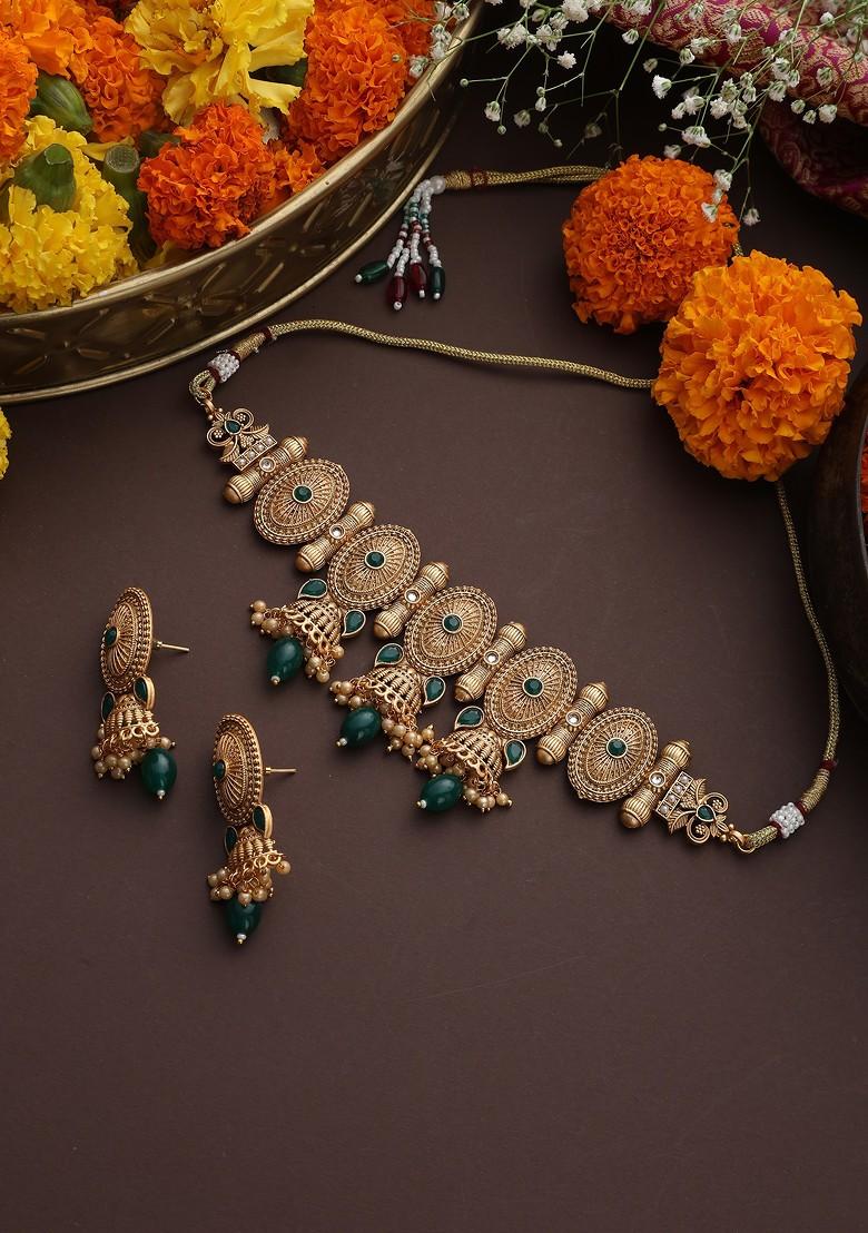 Green Gold Toned Temple Choker Necklace Set