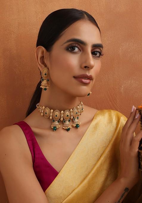 Green Gold Toned Temple Choker Necklace Set