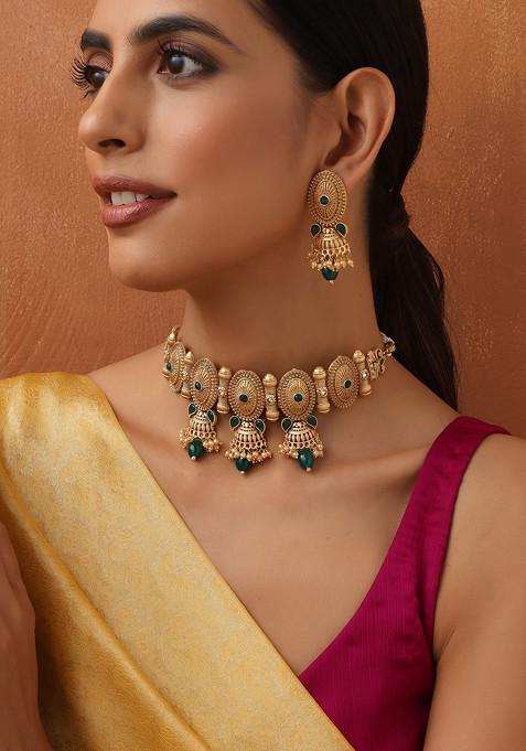 Green Gold Toned Temple Choker Necklace Set