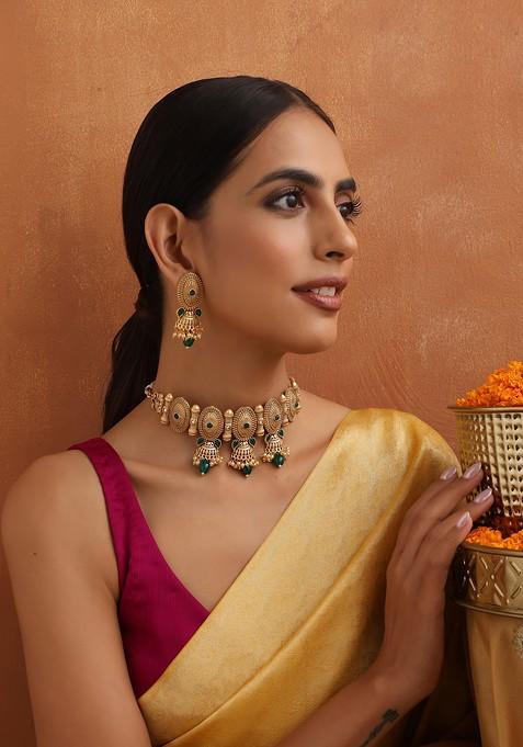 Green Gold Toned Temple Choker Necklace Set