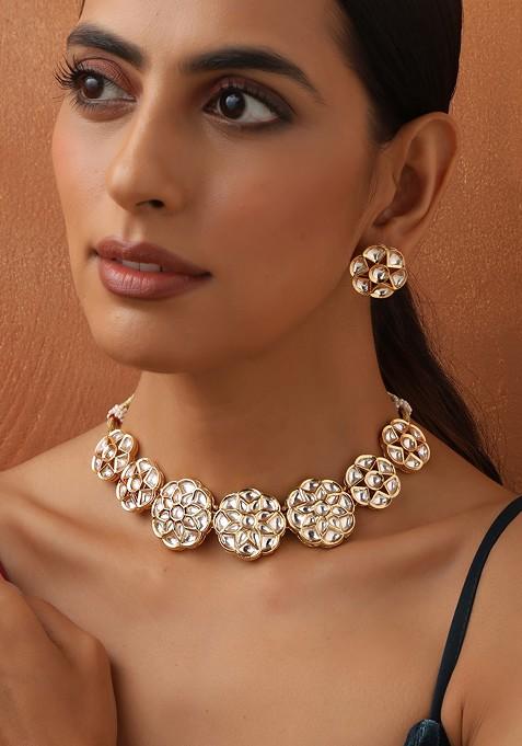 Gold Toned Polki Necklace Set