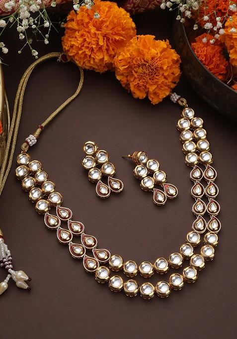 Red Gold Toned Kundan Necklace Set