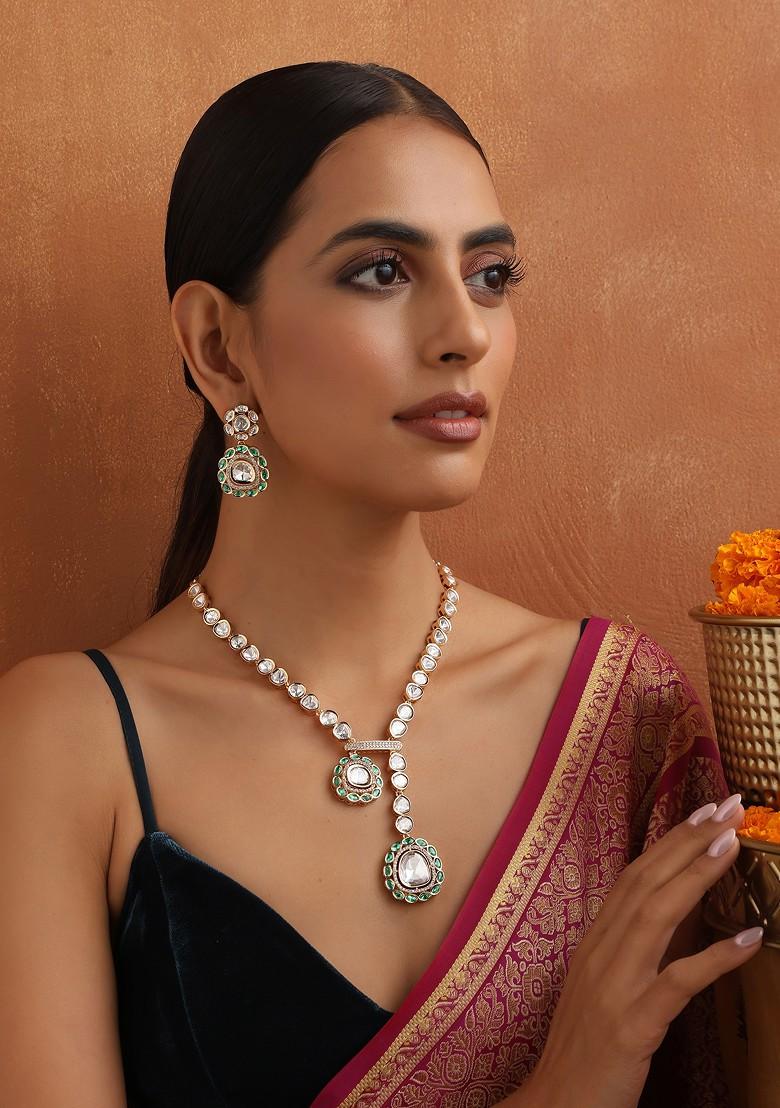 Green Gold Toned Polki Necklace Set