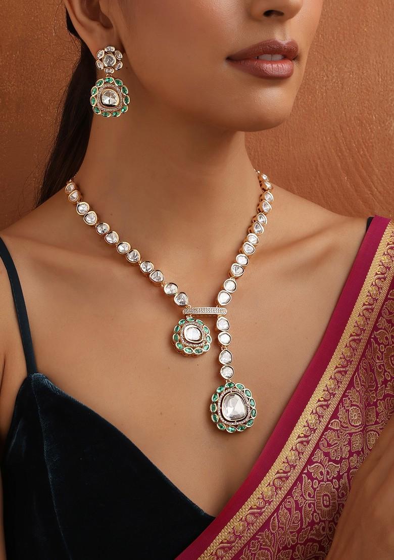 Green Gold Toned Polki Necklace Set