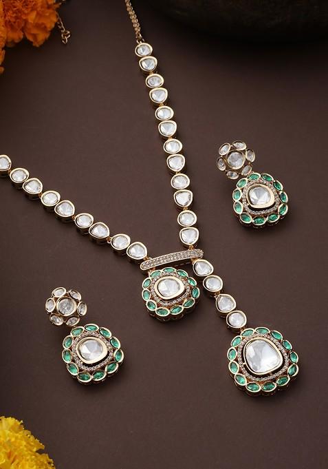 Green Gold Toned Polki Necklace Set