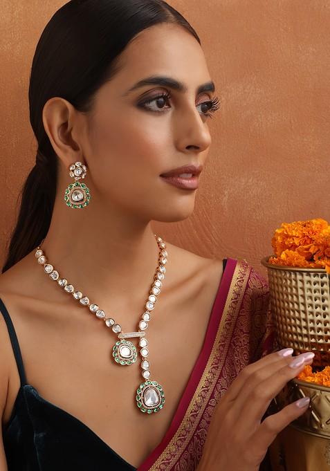Green Gold Toned Polki Necklace Set
