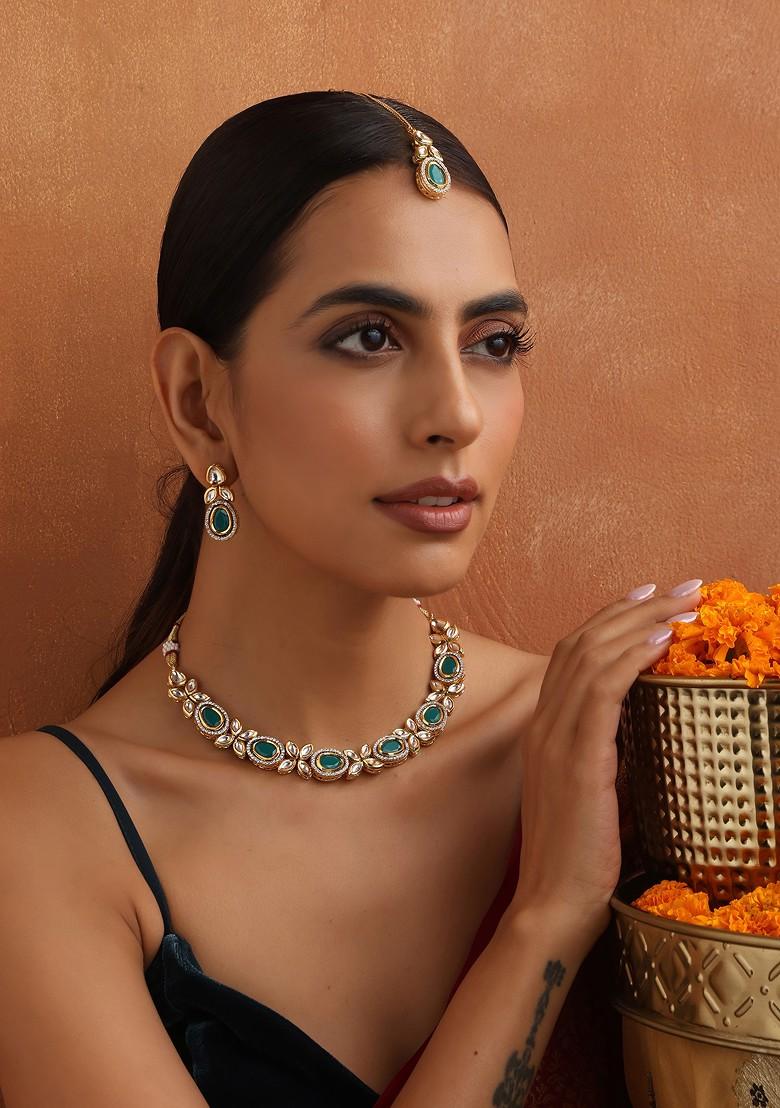 Green Gold Toned Kundan Necklace Set