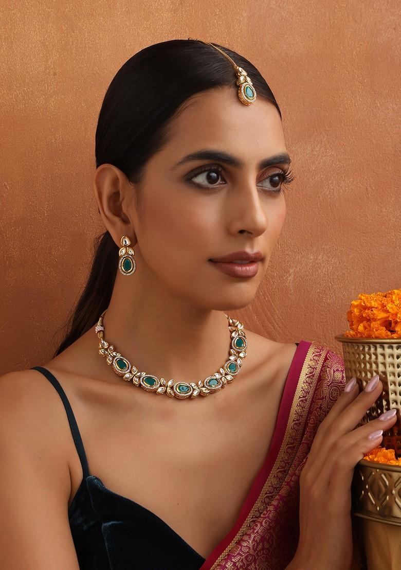 Green Gold Toned Kundan Necklace Set
