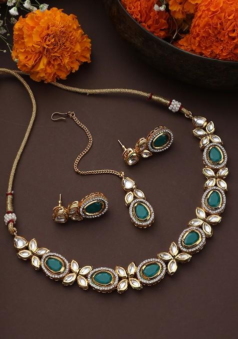 Green Gold Toned Kundan Necklace Set