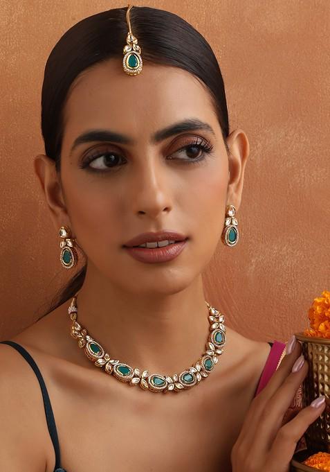 Green Gold Toned Kundan Necklace Set