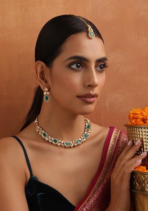 Green Gold Toned Kundan Necklace Set