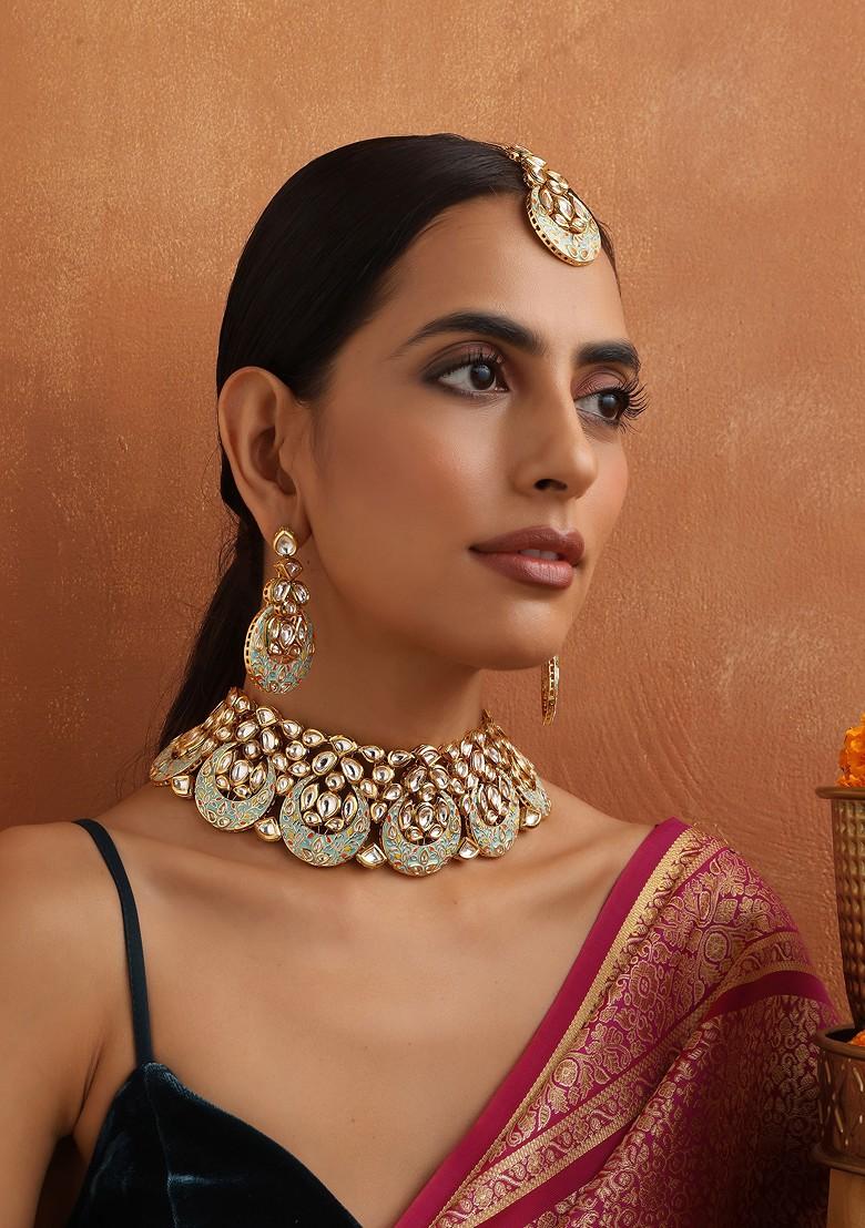 Mint Green Gold Toned Kundan Choker Necklace Set