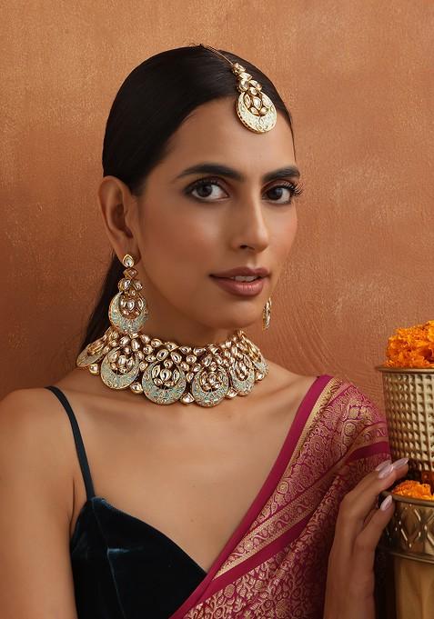 Mint Green Gold Toned Kundan Choker Necklace Set