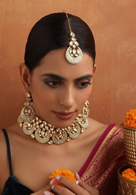 Mint Green Gold Toned Kundan Choker Necklace Set