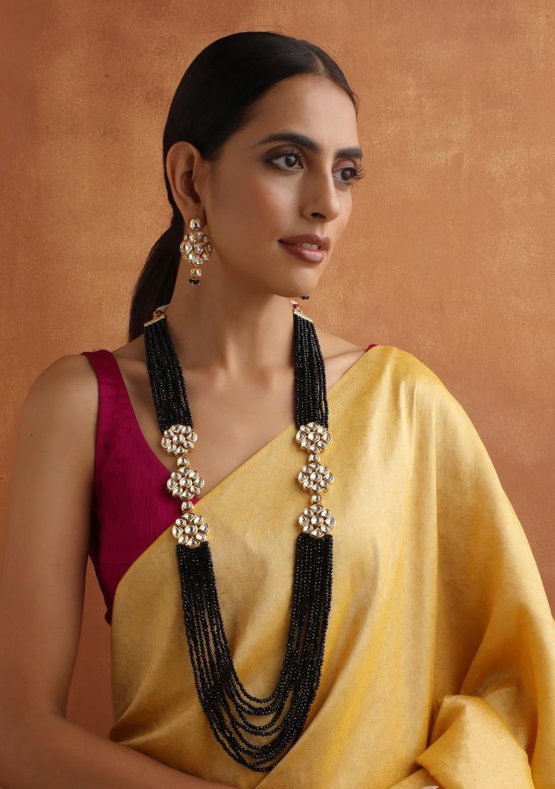 Black Gold Toned Kundan Layered Necklace Set - Indya