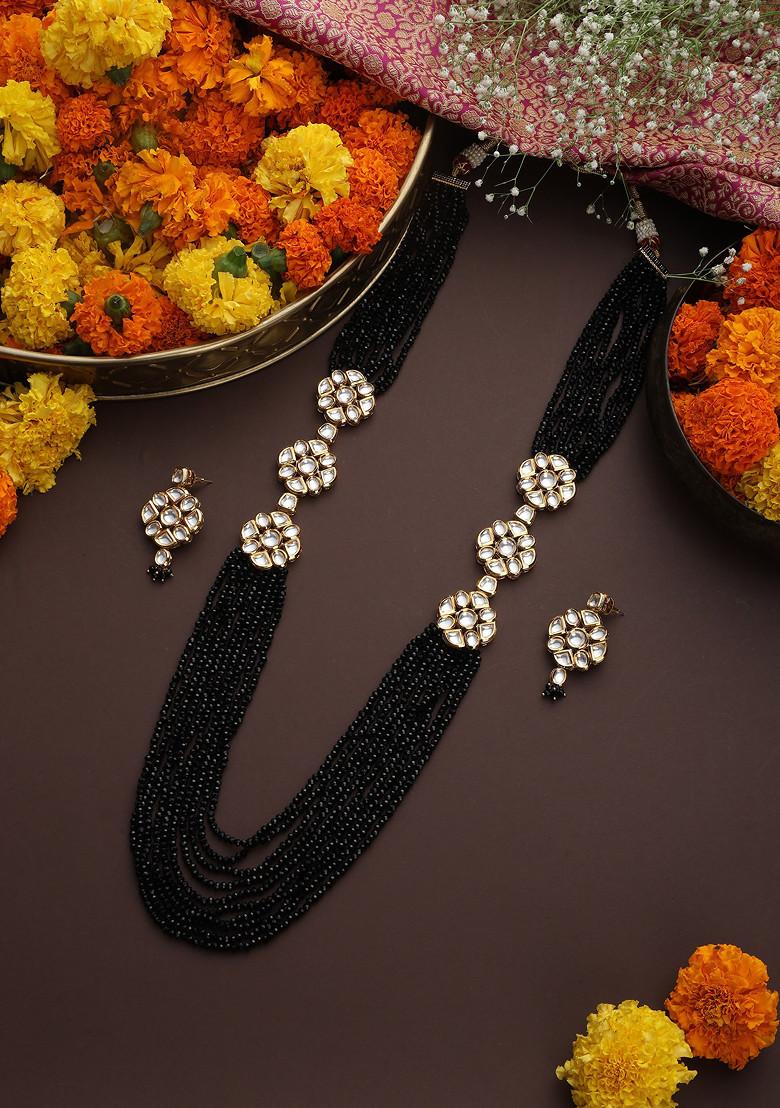 Black Gold Toned Kundan Layered Necklace Set - Indya