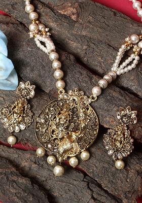 Black Matte Gold Finish Meenakari Pearl Temple Necklace Set
