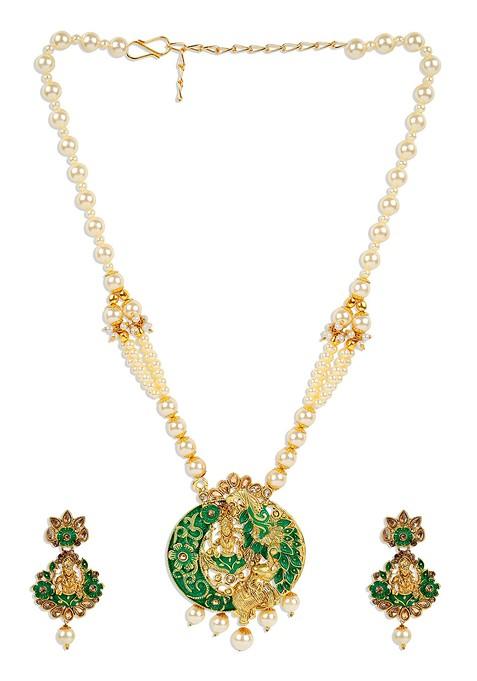 Green Matte Gold Finish Meenakari Pearl Temple Necklace Set