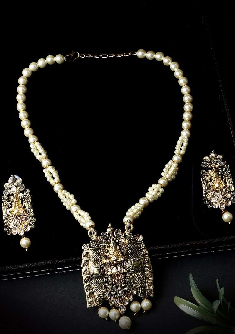 Black Matte Gold Finish Meenakari Pearl Temple Necklace Set - Indya