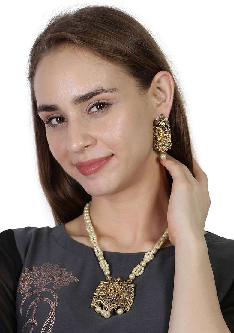 Black Matte Gold Finish Meenakari Pearl Temple Necklace Set - Indya