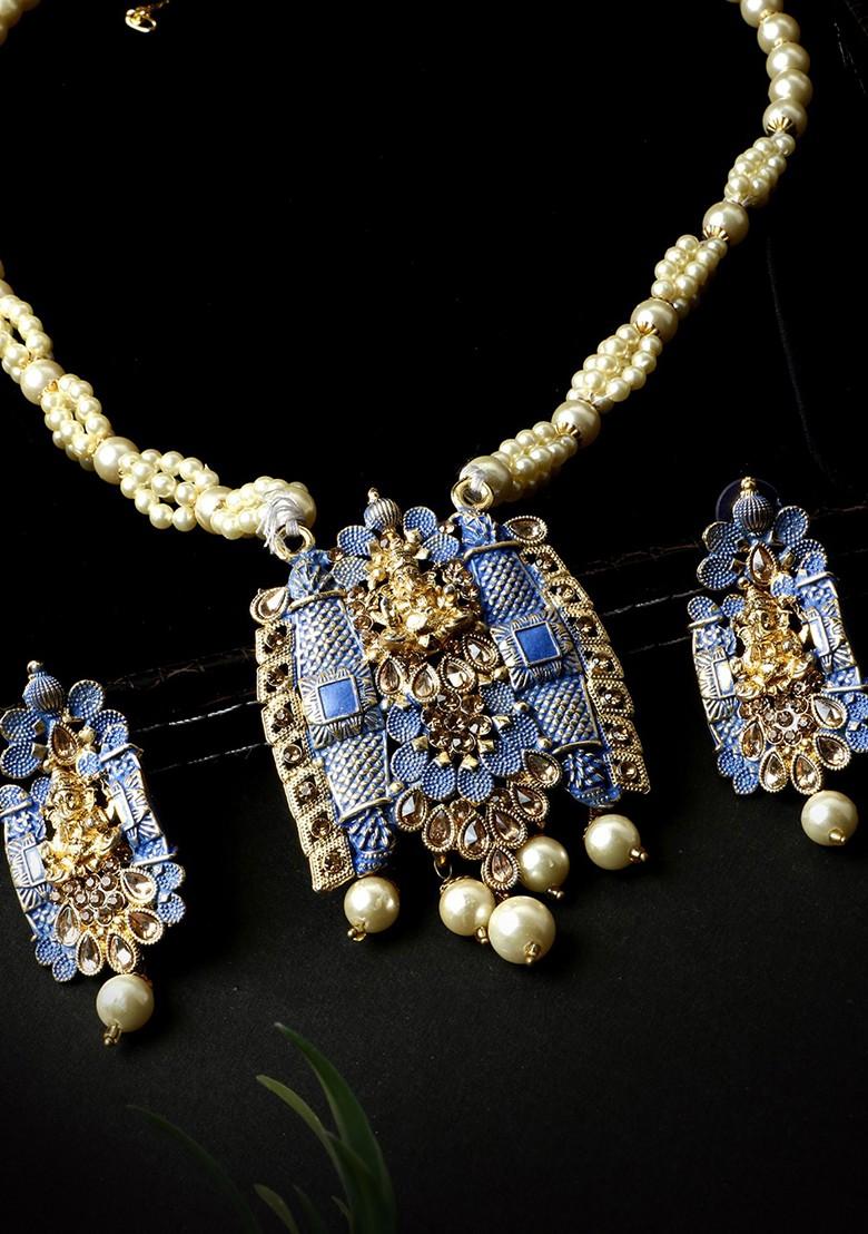 Blue Matte Gold Finish Meenakari Pearl Temple Necklace Set