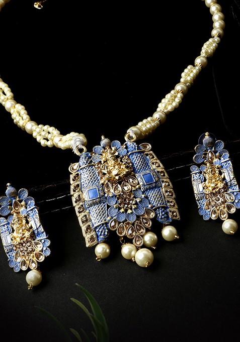 Blue Matte Gold Finish Meenakari Pearl Temple Necklace Set