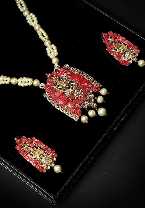 Red Matte Gold Finish Meenakari Pearl Temple Necklace Set